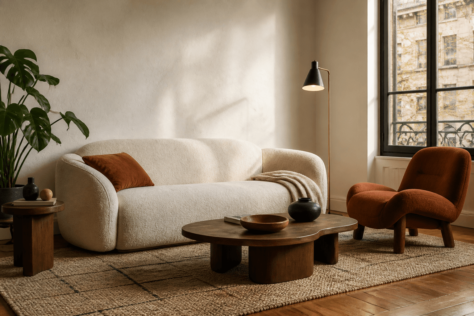 Living luminoso con sofá, sillón y mesas de madera